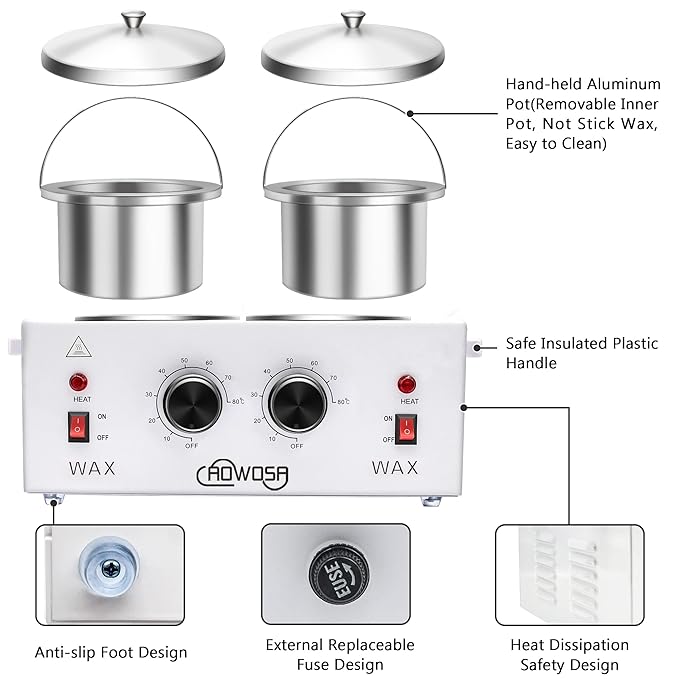 Professional Waxing Kit Wax Warmer Double Pot Wax Heater Machine for Hair Removal, Large Waxing Pot for Spa Salon Beauty Esthetician Home, with Adjustable Temperature Set, 50 Stick(White)