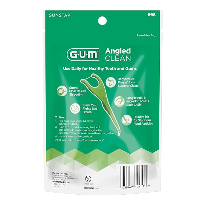 GUM Angled Floss Picks, Perfect for Tight Teeth, Extra Strong Shred-Resistant Dental Floss, Angled for Easy Reach, Dental Flossers for Adults, Fresh Mint Flavor, 75 Count