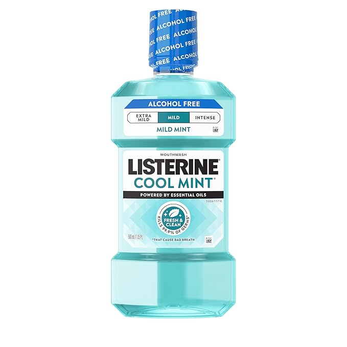 Listerine Cool Mint Alcohol-Free Mild Mouthwash, Oral Rinse Kills 99.9% of Germs that Cause Bad Breath, Less Intense Taste, Mild Mint Flavor, 500 mL