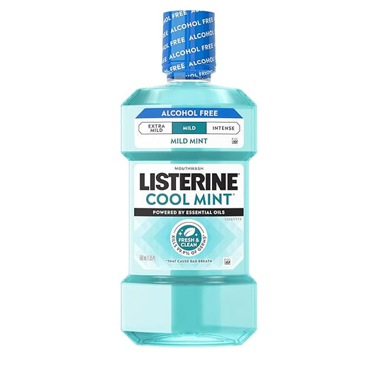 Listerine Cool Mint Alcohol-Free Mild Mouthwash, Oral Rinse Kills 99.9% of Germs that Cause Bad Breath, Less Intense Taste, Mild Mint Flavor, 500 mL