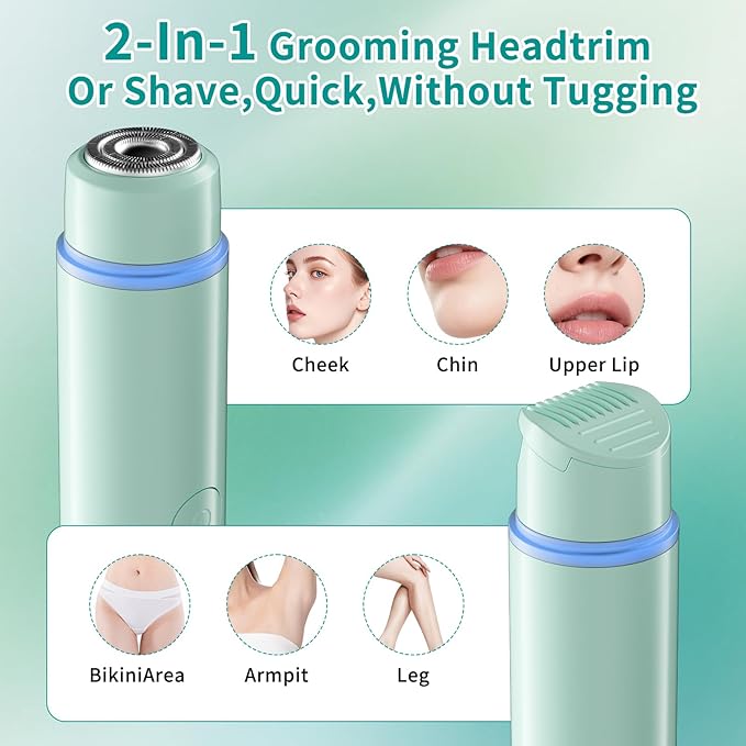 Bikini Trimmer for Women,Painless Rechargeable Electric Razor Remover,2-in-1 Dual Heads Facial & Pubic Hair Removal for Ladies Pubic,FaceUnderarms,Legs Valentine's Day Gift Green