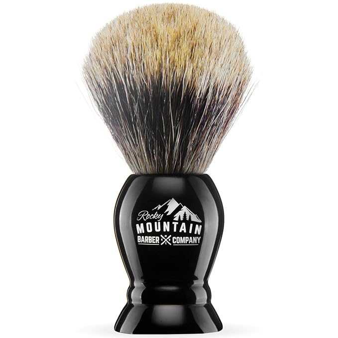 Shaving Brush with Stand - Rocky Mountain Barber Pure 100% Best Badger Hair Barber Grade with Black Heavy Duty All-Resin Handle and Oversized Bristle Head For Better Shaving Cream Lather