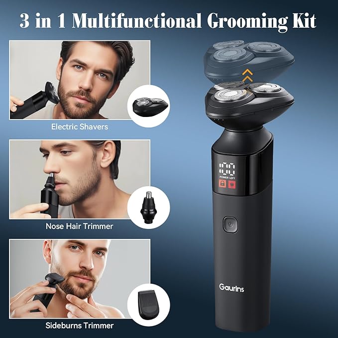 Electric Razor for Men,3 in 1 Men's Rotary Shavers with Charging Stand, IPX7 Waterproof Hygiene Trimmer for Beard/Nose/Sideburns, USB-C Fast Charging, LED Display Travel Lock,Matte Black