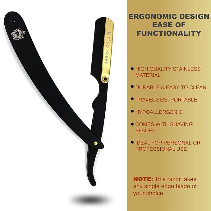 Professional Straight Razors For Men, Barber Razors, Straight Edge Razor Kit For Close Shaving - Beard Cut Throat Straight Razor Safety Shavette - 10 Shaving Blades By Krisp Beauty (Black/Gold)