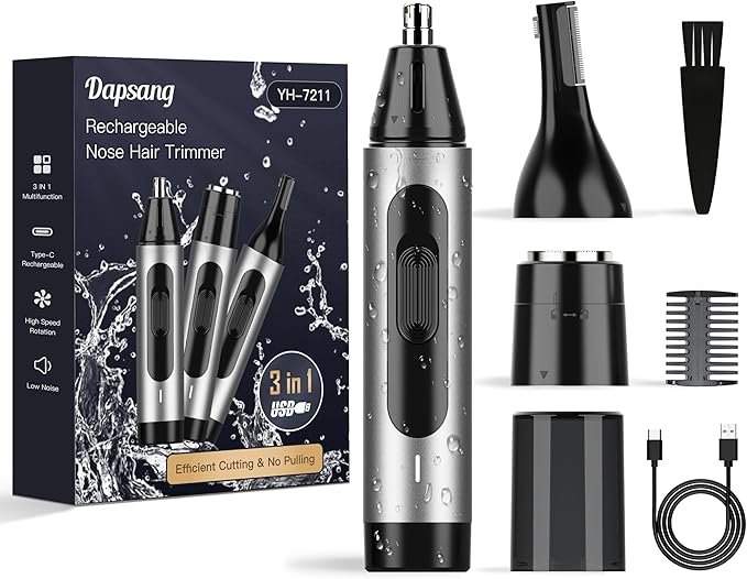 Ear and Nose Hair Trimmer for Men, USB Rechargeable Nose Clipper Professional Painless Nasal Shaver Razor 3 in 1 Electric Eyebrow Facial Hair Trimmer Kit Waterproof Dual-Edge Blades Easy Cleansing