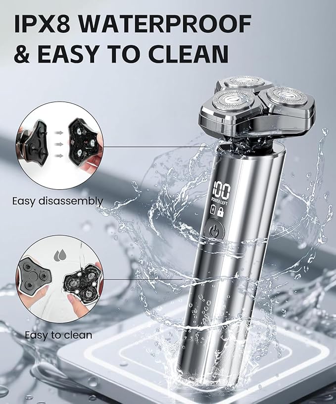 Electric Razor for Men，10,000RPM High-Speed Motor, IPX8 Waterproof, USB Fast Charging, Quick Charge & Travel Lock，Upgraded Mirror Silver