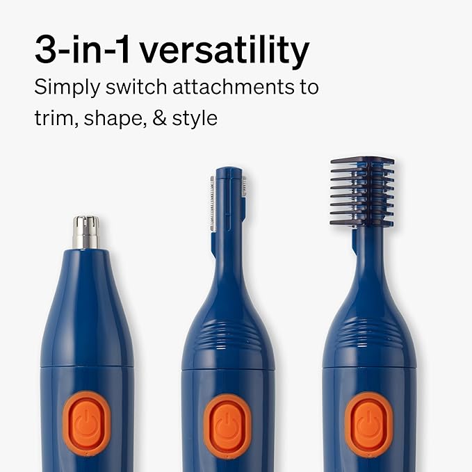 Schick Hair Trimmer, 3-in-1 Trimmer for Nose, Ear & Eyebrows, Painless Hair Removal, Cordless, Quick-Change Attachments, Waterproof, Expert Finish, Unisex Grooming