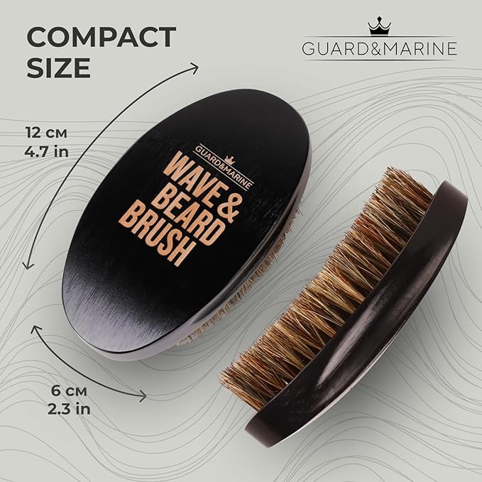 GUARD&MARINE Wave & Beard Brush for Men – Natural Boar Bristles, Palm Curve Design, Wood Handle – Shapes 360 Waves & Softens Beard