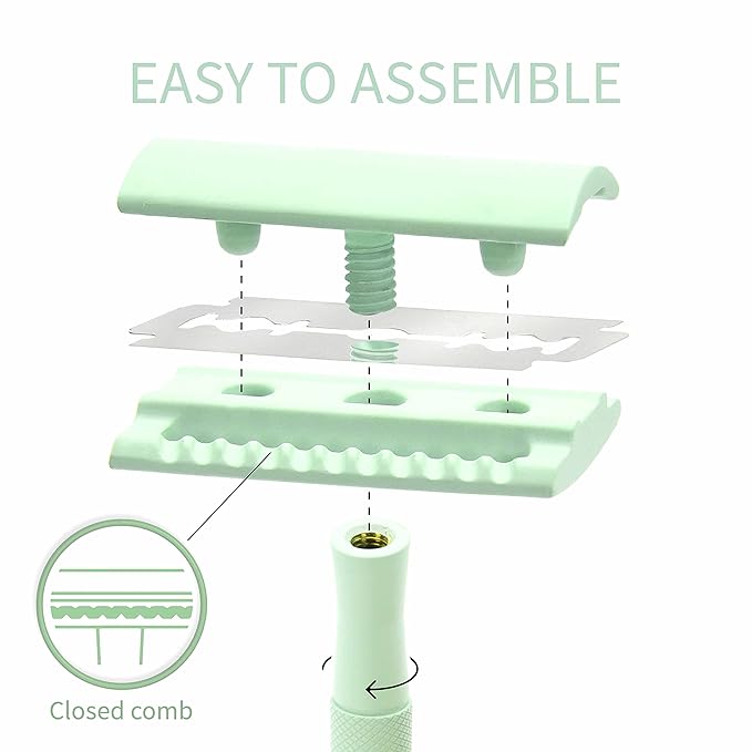 Bambaw Single Blade Razors for Women and Men with 5 Double Edge Safety Razor Blades, Stainless Double Edge Razor, Eco Friendly Razor, Reusable & Plastic Free - Mint Green