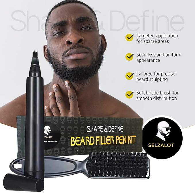 Beard Filler Pen (4-Tip) - Black Beard Pencil Filler for Men Waterproof Patchy Beard Solution - Beard Filler Kit Long Lasting Beard Filling Pen with Brush