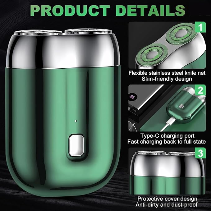 Mini Electric Shaver for Men, Pocket Dual Head Shaver Washable Waterproof, Electric Mini Portable Razor USB Rechargeable Portable Razor for Home, Car, Travel (Green)