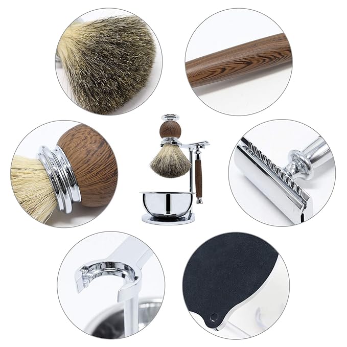 Jolitac Wet Shaving Kit For Men - Badger Hair Shaving Brush, Shaving Stand, Stainless Steel Shaving Bowl Mug, Double Edge Safety Razor, Men's Safety Razor Grooming Gift Set (Wood)