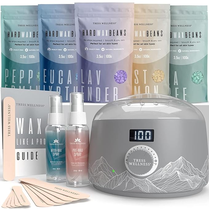 Tress Wellness Waxing Kit for Sensitive Skin – Safe for Face & Skin, Prep & Aftercare Spray, Easy to Use – At-Home Kit for Face, Bikini, Brazilian & Full Body - Digital Display, Grey Mountain