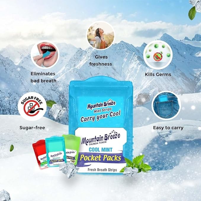 Mountain Breeze Oral Hygiene Mouth Freshener Sugar Free Cool Mint Flavoured Breath Strips (24 Strips Each Cassatte)-Pack of 1(3 Cassette) New