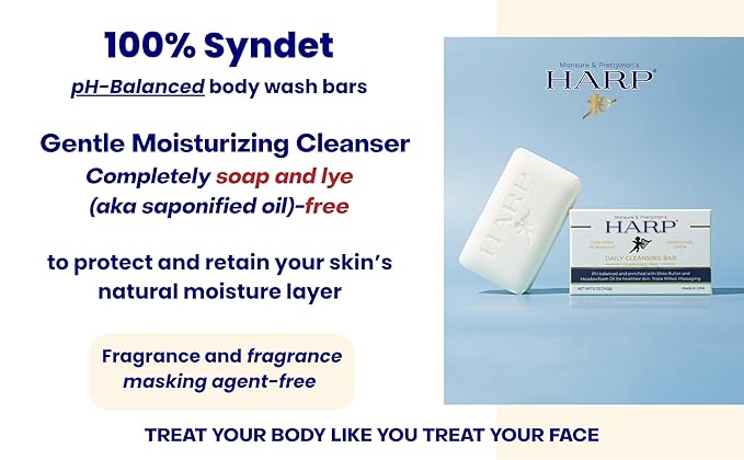 HARP pH-Balanced (5.0-6.0) Body Wash Bar. 100% Syndet. Protects Moisture Barrier For Sensitive, Dry or Irritated skin. + Shea Butter/Borage Oil. Non-Comedogenic. FRAGRANCE FREE
