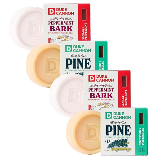 Duke Cannon Holiday Soap for Men, Illegally Cut Pine 2 Pack & Peppermint Bark 2 Pack Scented 5 oz Soap Pucks, Long-Lasting Extra Large Bars for Refreshing Daily Clean