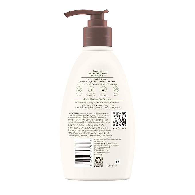 Aveeno Daily Foaming Gel Facial Cleanser, Fragrance Free, 12 fl. oz
