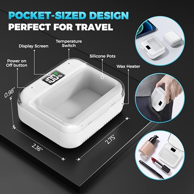 Nose Wax Kit Women Men,Nose Hair Waxing Kit with Adjustable LED Display,Ear Hair Removal Kit for Men 100 g Wax 70 Applicators,Constant Temp,USB Heated,Pocket-Size,White