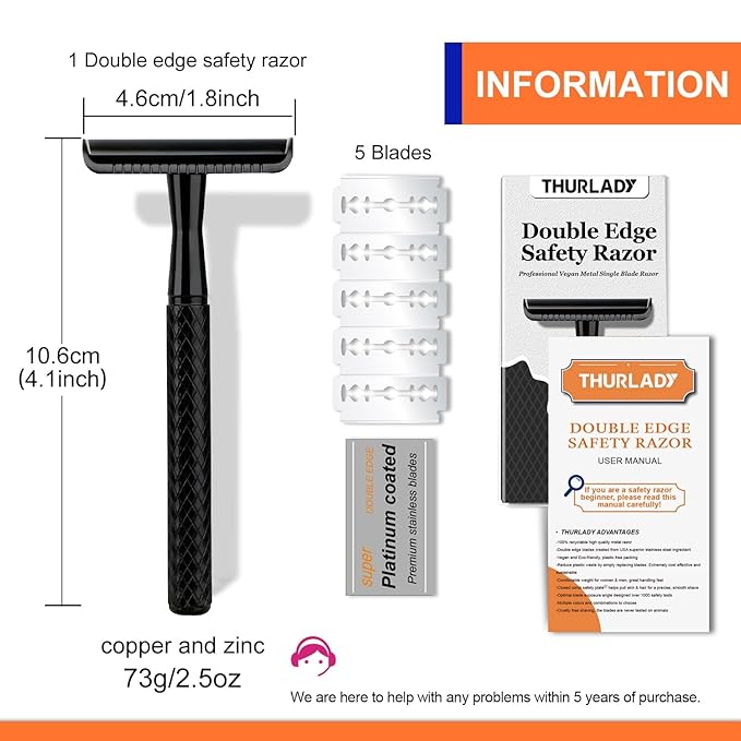 Matte Black Safety Razor - Single Blade Razors for Men - Reusable Metal Razor, with 5 Stainless Steel Double Edge Blades, Smooth Close Shave, Sustainable, Plastic Free