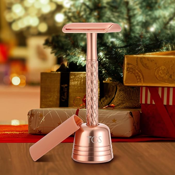 Double Edge Safety Razor for Women Rose Gold with Stand and Silicone Cover - Durable Metal Eco-Friendly Single Blade Safety Razor with 10 Blades- Closed Smooth Shave