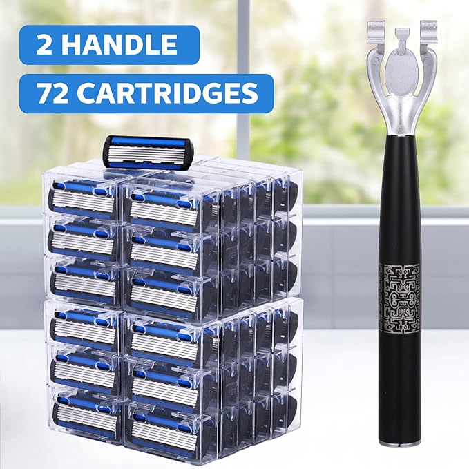 74 Pcs Disposable Men's Razors Set 6-blade Shaving for Men Sensitive Skin Refillable Razor Kit for a Comfortable Shave, 2 Handles and 72 Cartridges