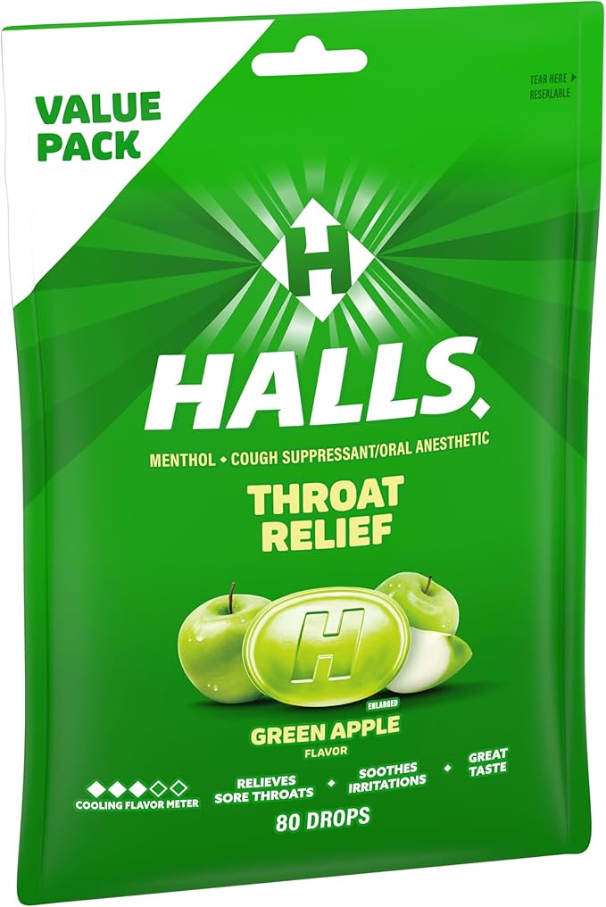 Halls Throat Relief Green Apple Cough Drops, Value Pack, 80 Drops