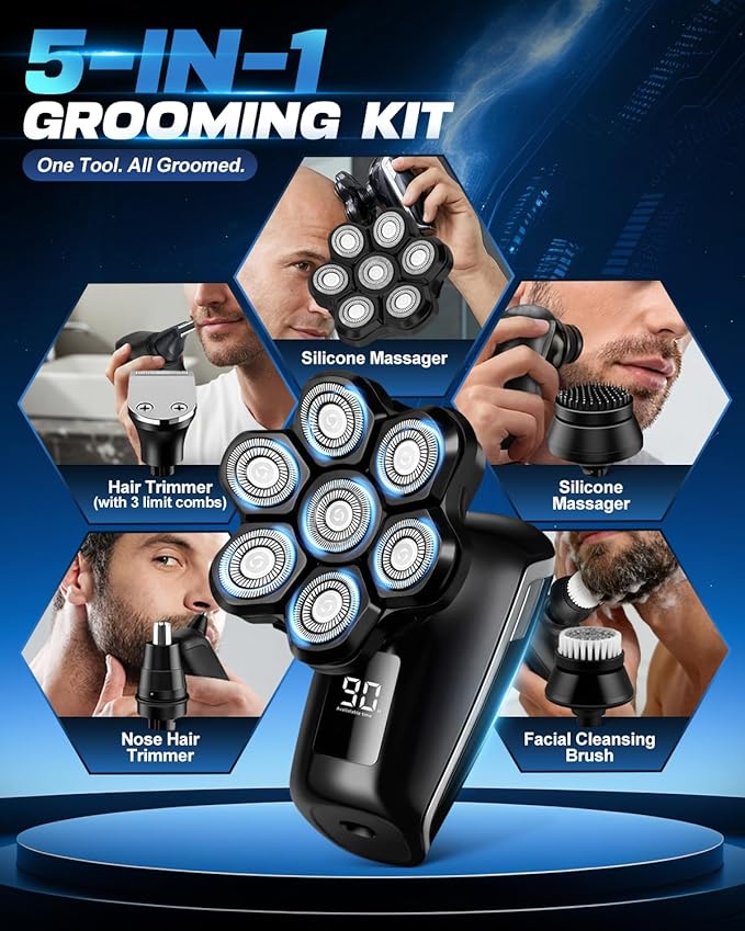 Head Shavers for Blad Men, 7D Floating Blades Electric Head Shaver, IPX7 Waterproof Wet Dry Bald Head Shaver, Magnetic Detachable Rechargable Head Shavers, Gifts for Man Male Father Husband
