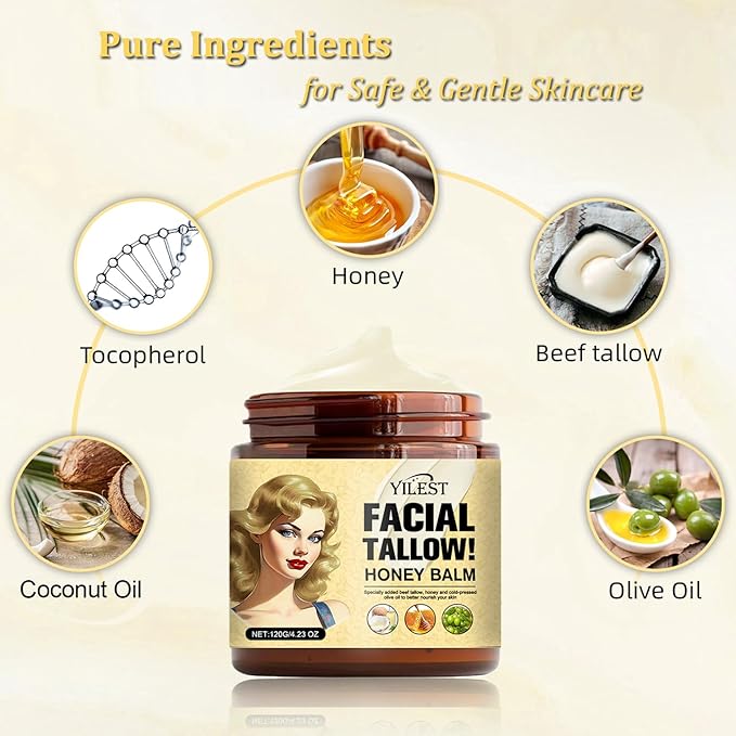 Tallow and Honey Balm - Beef Tallow for Skin 4OZ, 2025 Natural Tallow Face Moisturizer for Cracked, Dry Skin, Organic Hydrating Deeply Moisturizing Beef Tallow Cream for Face & Body Skin Care