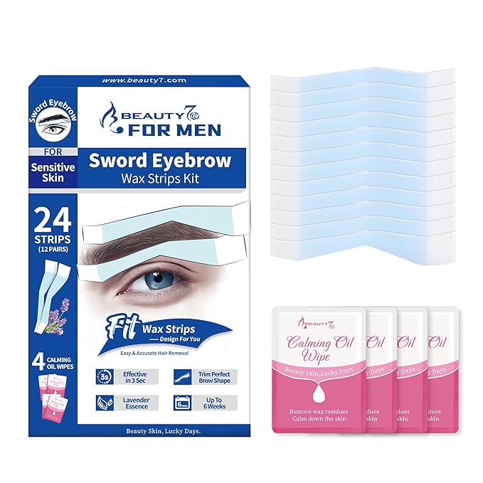 Beauty7 Men's Sword Eyebrow Wax Strips, Facial Wax Strips, Hair Removal Waxing, at Home Waxing Strips, 24 pcs Strips 4 Calming Oil Wipes, for Sensitive Skin Types for Men