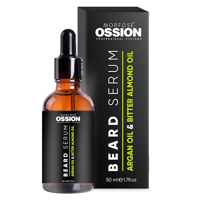 Morfose Ossion Beard Care Serum, Promotes Healthy Hair Growth, Fuller, Longer and Thicker Beard, Alleviates Itches, Eliminates Beardruff, Enriched with Argan and bitter Almond Oil, 50ml