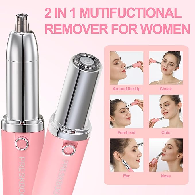 Nose Hair Trimmer for Women and Men,Facial Hair Removal,2 in 1 Facial Hair Remover,Electric Face Shaver Razor for Nose Ear Eyebrow Peach Fuzz Lips Chin,DermaplaningTool,Pink/UJH7