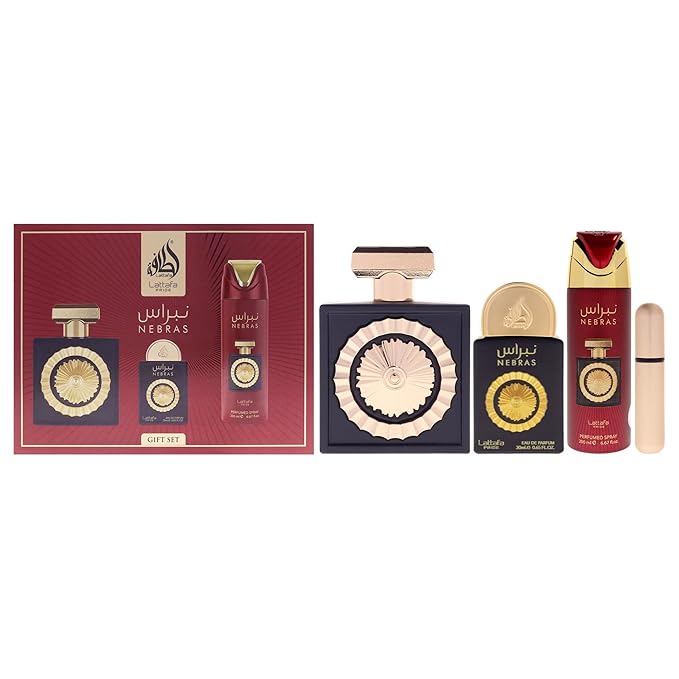 Lattafa Pride Nebras – Fruity, Sweet, Vanilla, Amber – 3-Piece Gift Set for Unisex (3.4 Ounce Eau de Parfum Spray + 0.65 Ounce Eau de Parfum Spray + 6.67 Ounce Deodorant Spray)