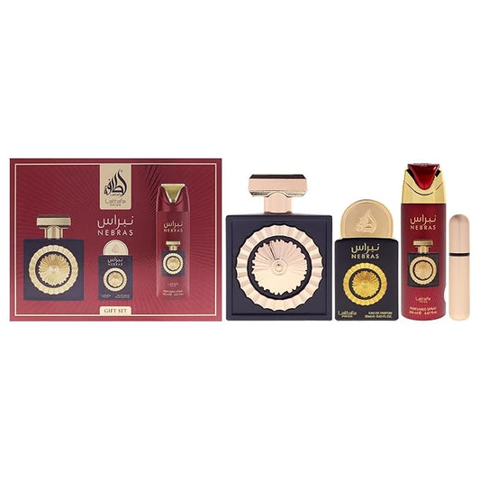 Lattafa Pride Nebras – Fruity, Sweet, Vanilla, Amber – 3-Piece Gift Set for Unisex (3.4 Ounce Eau de Parfum Spray + 0.65 Ounce Eau de Parfum Spray + 6.67 Ounce Deodorant Spray)