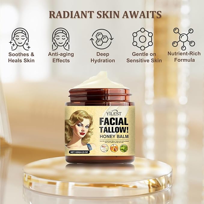 Tallow and Honey Balm - Beef Tallow for Skin 4OZ, 2025 Natural Tallow Face Moisturizer for Cracked, Dry Skin, Organic Hydrating Deeply Moisturizing Beef Tallow Cream for Face & Body Skin Care