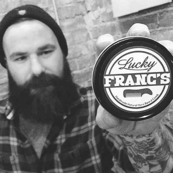 Lucky Franc's Handmade Ox Horn Fine Tooth Comb for Men's Beards and Mustaches - Static-Free, Pocket Size, Metal Tin Gift