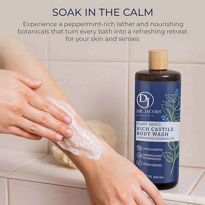 Dr. Jacobs Naturals Pure Castile Soap Liquid Body Wash, Peppermint - Plant Based Soap Infused with Vitamin E and Aloe Vera to Moisturize Dry and Sensitive Skin - Made in The USA - 32 oz, Pack of 3