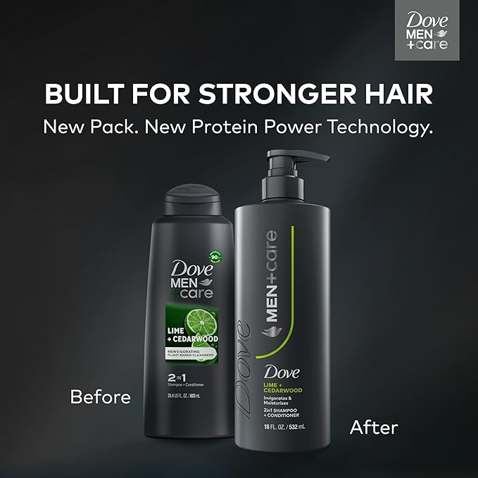 DOVE MEN + CARE Shampoo 1 count Lime & Cedar for Real Hair that Powers Up Hair Strength, with Invigorating & Moisturizing Results, 18 Fl oz