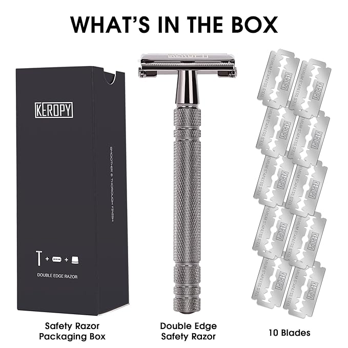 Double Edge Safety Razor for Men with 10 Blades, Butterfly Open Design for Close Shave - Eco-Friendly Metal Razor, Premium Gift for Dad, Husband - Modern Shaving Kit - Gloss Black