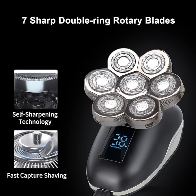 Head Shaver Replacement Heads, 7D Rotary Blades, Silver, Men's Electric Shaver Replacement Heads, 7 Pieces
