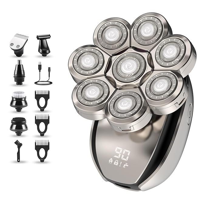 Electric Head Shavers for Men：- 6 in 1 Head Shavers for Bald Men, IPX6 Waterproof Men's 8D Electric Head Razor, Wet&Dry Rotary Shaver Grooming Kit with Nose Beard Trimmer Hair Clipper