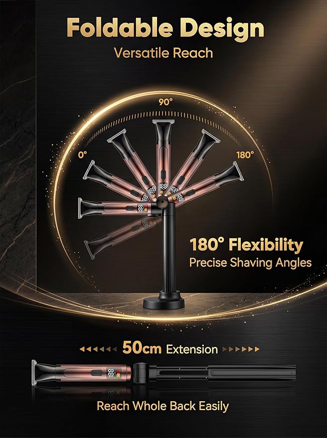 Back Shaver for Men with LED Display, 4-in-1 Rechargeable Body & Back Trimmer, Extendable Long Handle, Safety Lock, IPX7 Waterproof, Adjustable Speed, Wet/Dry Use, Travel Case Included