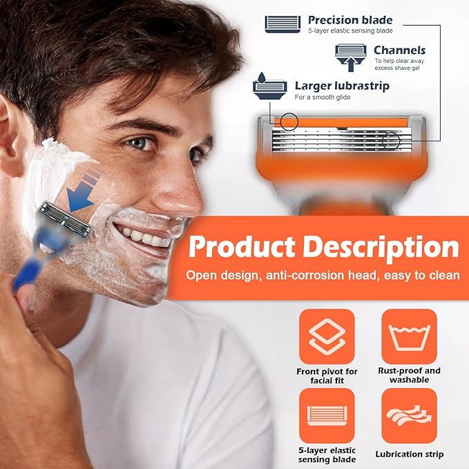 16 Count Razor Blade Shaving Razor Blade Refills for Fusion 5 Style Razor, Mens Shaving Blades Refills-Orange New Version