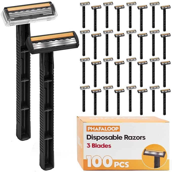 3-Blade Disposable Razors for Men & Women – 100 Pack Bulk Stainless Steel Shavers with Lubricating Strip & Safety Cap, Non-Slip Handle for Sensitive Skin, Travel, Hotel, Charity (Black)
