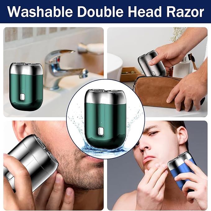 Mini Electric Shaver for Men, Pocket Dual Head Shaver Washable Waterproof, Electric Mini Portable Razor USB Rechargeable Portable Razor for Home, Car, Travel (Green)