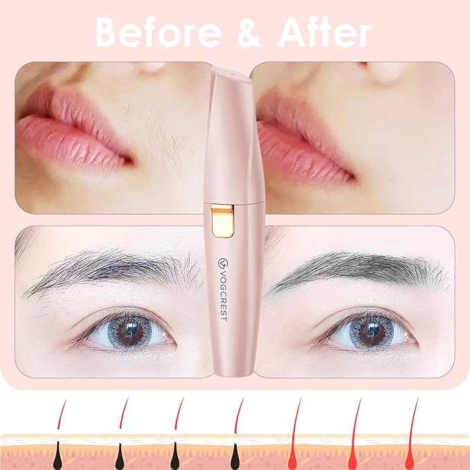 VG VOGCREST 2 in1 Trimmer with Replacement Heads - Rechargeable Facial Hair Removal and Eyebrow Shaver - Face Lips Body Painless Facial Razor with Built-in LED Light (Pink)