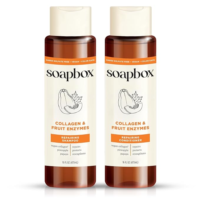 Soapbox Collagen Shampoo & Conditioner, For Dry, Fine or Thin Hair, Strengthening with Collagen & Peptides for Fuller Looking Hair, 16oz Each (Pack of 2)