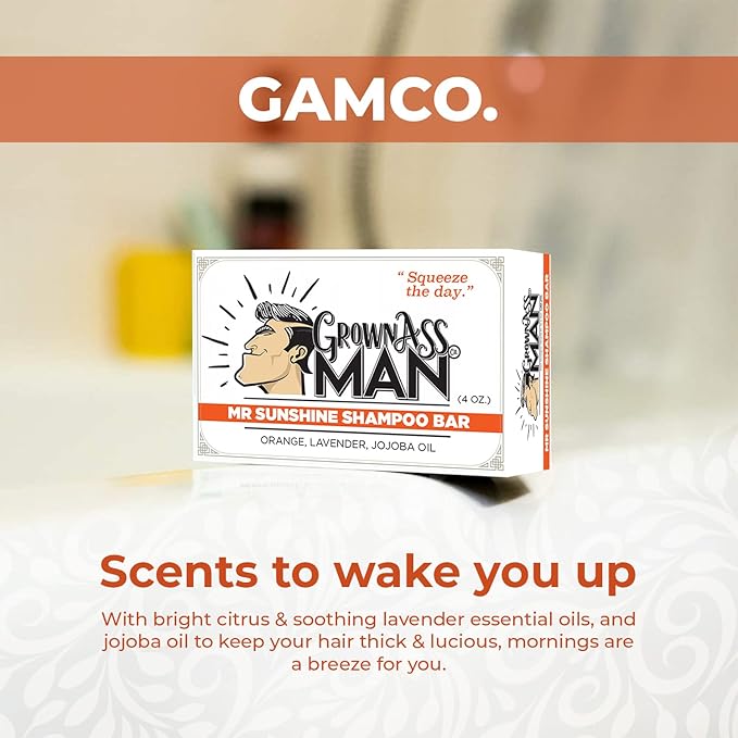 Grown Ass Man Co. - Solid Shampoo Bar Rich Lather 3 in 1: Hair, Beard & Body Wash - Plastic Free & Eco-Friendly, Natural & Organic Clean for All Hair Types, 4oz Bar (Mister Sunshine, 6-Pack)