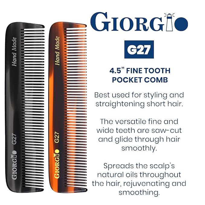Giorgio G27T/G Handmade All Fine Tooth Pocket Comb, Hair Comb Straightener for Everyday Grooming Styling Hair, Mustache and Beard for Men Women and Kids, Saw Cut and Polished (Tortoiseshell)