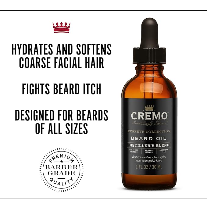 Cremo Beard Oil, Distiller's Blend (Reserve Collection), 1 fl oz - Restore Natural Moisture and Soften Your Beard To Help Relieve Beard Itch
