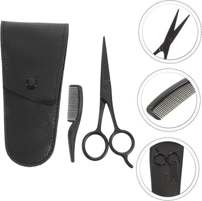 minkissy 3pcs Beard Trimming Scissors Set with Comb and Pu Leather Storage Bag Stainless Steel Mustache and Eyebrow Care Tools for Professional and Home Grooming